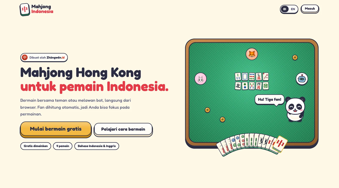 Halaman depan Mahjong Indonesia di mahjong.zhongwen.id