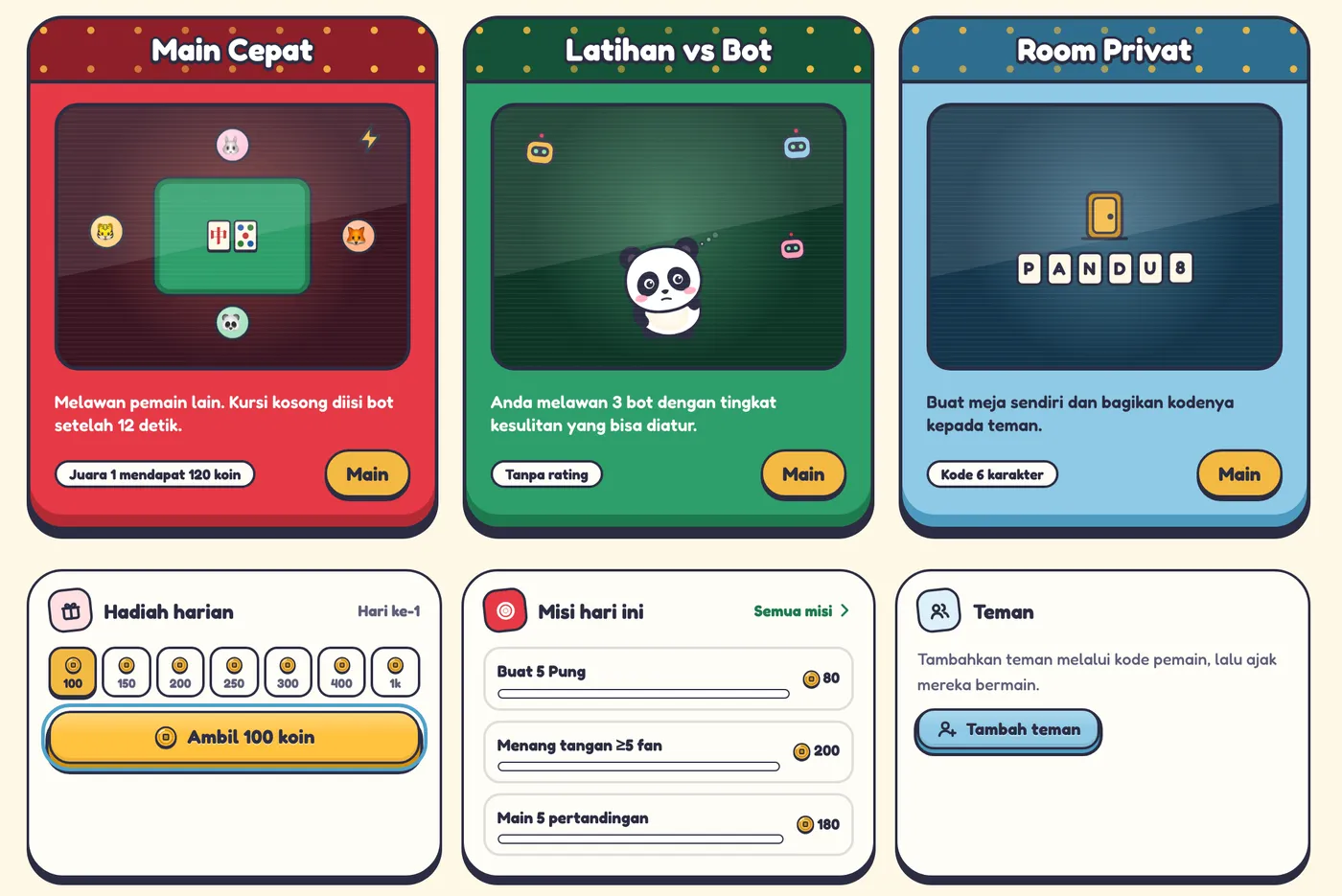 Lobi Mahjong Indonesia dengan tiga mode: Main Cepat, Latihan vs Bot, dan Room Privat